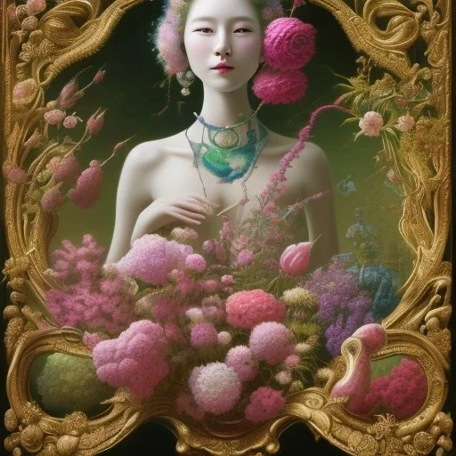 A surrealist painting showcases a woman, surrounded by blooming flowers. This masterpiece was crafted by the talented Ikuo Hirayama and is reminiscent of the works of Naotto Hattori. The subject's detailed face is partially obscured by a mask, and she is draped in a garment of rich green and pink. The painting draws inspiration from the works of Gong Li, Ayami Kojima, and Yoshitaka Amano, as well as Alexey Egorov's style. The woman is surrounded by stems and the piece has a collage-like quality,