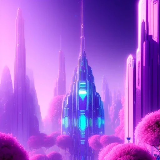 A very beautiful futuristic city, elegant, small crystal edifices, atmospheric, realistic, cinematic lighting, pink blue light, 8k, galactic atmosphere, flowers