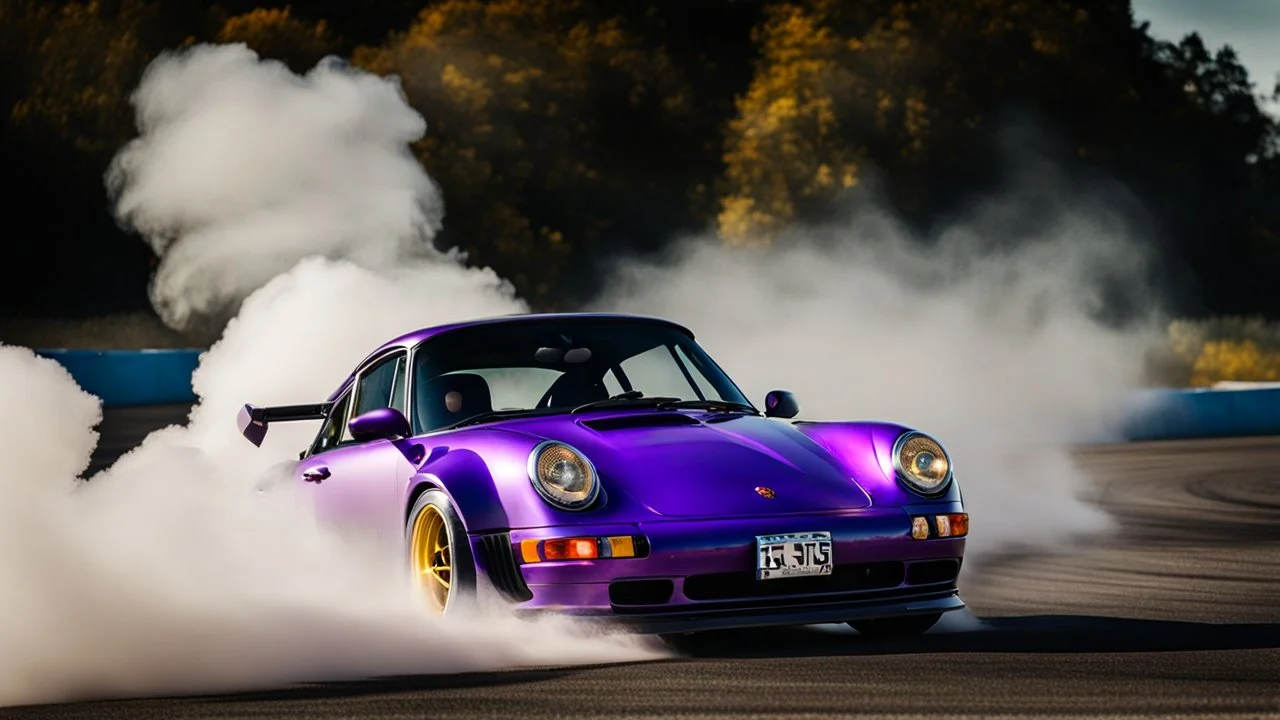 white fading to purple tuned Porsche Turbo S drifting in the white smoke, rear view, cinematic, luxurious --chaos 80 --ar 16:9 --style raw --stylize 700