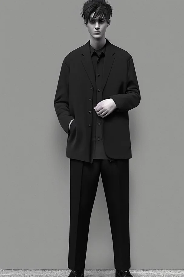 Long black formal jacket with a black shirt and gray pants Photorealistic