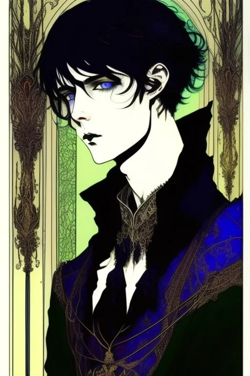 black hair, 17 year old, male, alchemist, in the style of Harry Clarke
