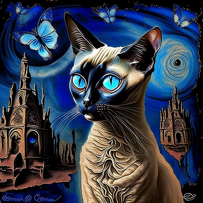 Starry night and Siamese cat, digital painting, fantasy, illustration, hyperdetailed, high definition, crisp quality, horror, dark, surreal, Weird, Tim Burton, creepy, Graphic novel, maximalist, Dr. Seuss, haunting, bizarre, frightening, Terry Gilliam, vintage, illustration