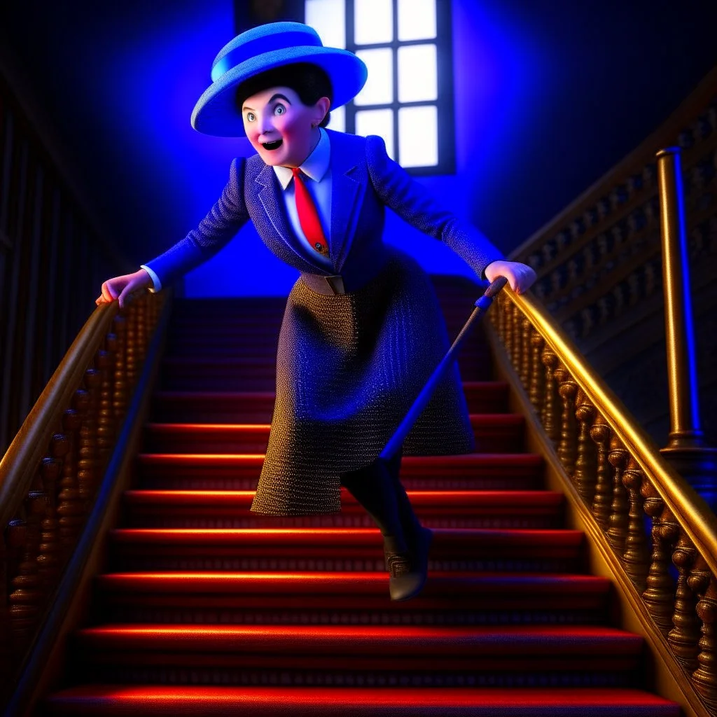 mary poppins with a spider umbrella on a mission through the seasons, stairs and ladders, motion blur, 8k, downlight, soft light, depth of field, photorealism, trending on art station, lotsa detail