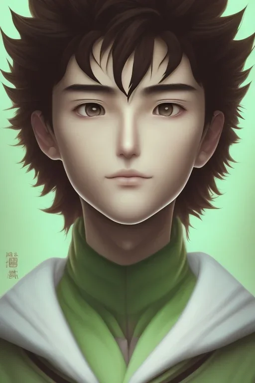 portrait artistic photo, wonderfull japanese boy, face yusuke yu yu hakusho, big brown eyes, short black hair, japanese uniform green, high quality, 8k, skin texture, realistic,