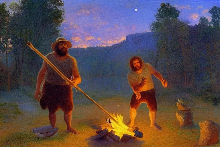 caveman holding a club, cave, bear, campfire, stone age, Impressionism, masterpiece, mellow, dawn,