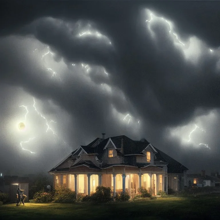 suburban homes, rooftop view, heavy dark storm encroaches, some homes have a magic roof shield. 8k resolution, high-quality, fine-detail, iridescent, intricate, detailed matte, volumetric lighting, illustration, brian froud, howard lyon, selina french, anna dittmann, annie stokes, lisa parker, greg rutowski