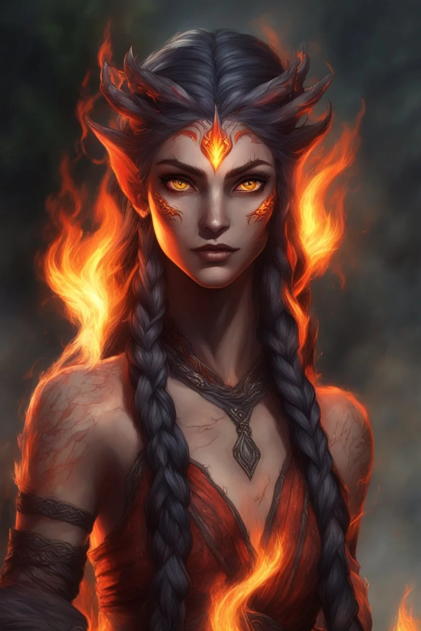 Fire Eladrin druid female. Hair is long and bright black part glows. Part of hair is braided and fire comes out from it. Big bright red eyes. Is generating fire with her hands and fire are coming our off them . Skin color is dark. Has a many big scar on face.