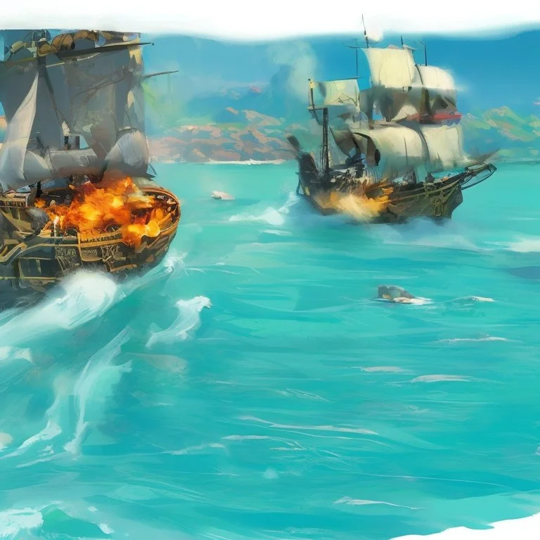Two pirate ships fight each other at sea. Firing cannons.