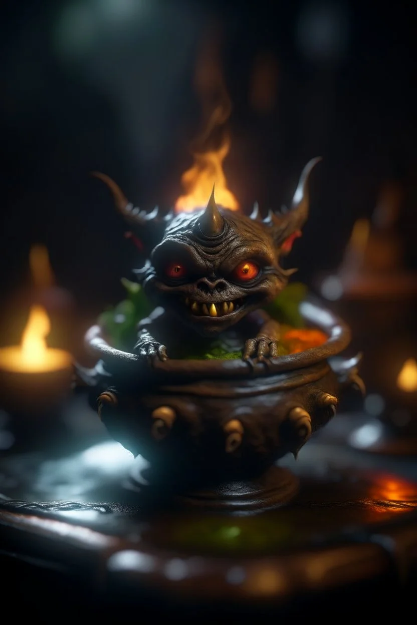 nightmare, cauldron with shining sigil and containing a slightly demonic alien imp gremlin in it, prize winning oil painting, ,bokeh like f/0.8, tilt-shift lens 8k, high detail, smooth render, down-light, unreal engine