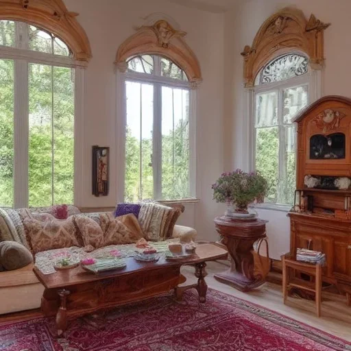 a living room with a table a grandfather clock and a big window