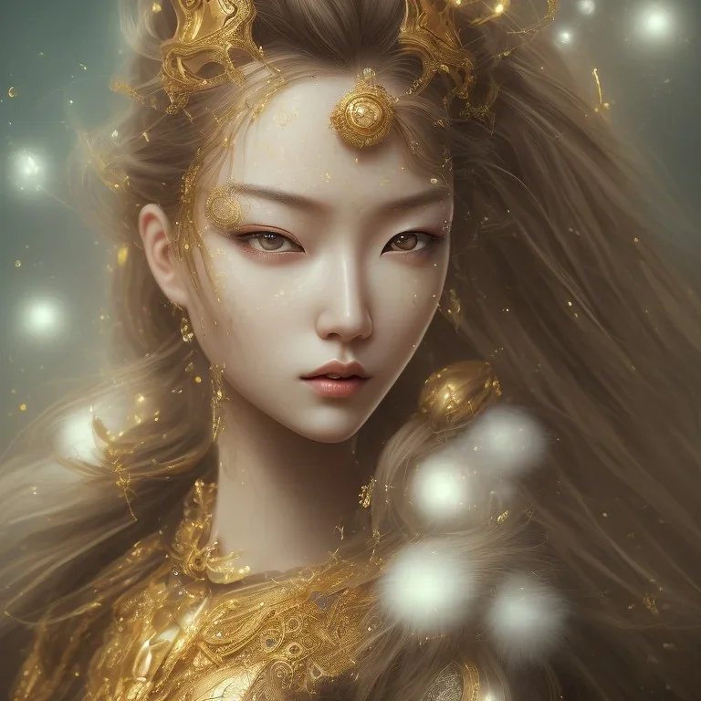 a wonderfull japanese woman, curves, android, golden long hair, hair covering one eye, ultradetailed fine art photo of a indian, weet face portrait, snow flakes particles, 8 mm lens, golden ratio composition, detailed face, studio photography, very detailed,masterpiece, artstation, 8 k, highly coherent