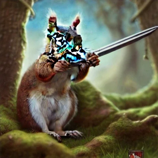 highly detailed and realistic squirrel, dressed as a medival soilder with sword and shield, guarding his nuts high detail, realism, vibrant colours, graffiti accents, complementary colours, splash art, perfect composition, beautiful detailed intricate insanely detailed octane render trending on artstation, 8 k artistic photography, photorealistic concept art, soft natural volumetric cinematic perfect light, chiaroscuro, award - winning photograph, masterpiece, oil on canvas, raphael, caravaggio