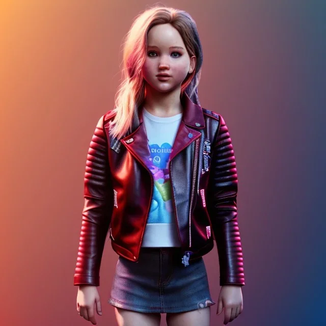 Jennifer lawrence toddler, full body, leather jacket, floral shirt, floral skirt, Nike sneaker, soft skin, city background, dramatic lighting, hyper realistic