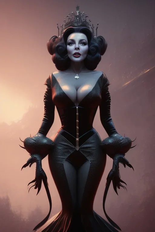 Joan Collins as evil queen in black leather, leather, busty, cleavage, angry, stern look. character design by cory loftis, fenghua zhong, ryohei hase, ismail inceoglu and ruan jia. unreal engine 5, artistic lighting, highly detailed, photorealistic, fantasy