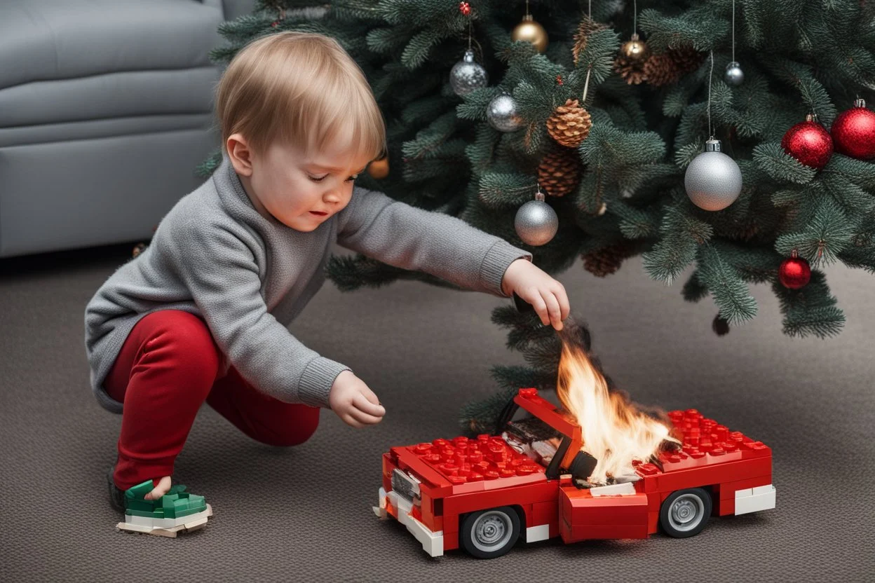 A crying toddler takes a burning car out of a LEGO box marked Land Rover next to the Christmas tree.