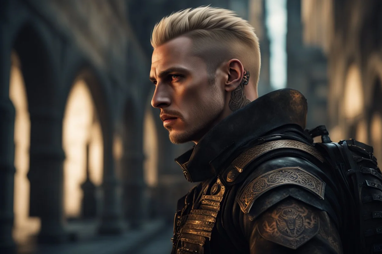 photorealistic portait of henry cavell as mercenary with blonde undercut tribal tattoos wearing modern mercenary uniform fantasy dark cityscape