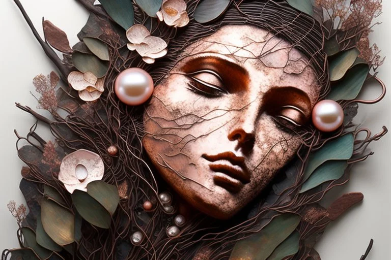 double exposure caricature of sleeping beauty at night, driftwood, copper wire, real pearls, flowers, waterfall magical ethereal nature, copper patina, desaturated neutral tones on silk, dramatic impasto composition that brakes down the boundaries between an effective combination of concept, vision and mastery of medium (Georges Braque:0.7), (Fernand Leger:0.3), set in front of vivid background by Pablo Picasso S<AI watercolor and ink, oil on canvas, reflection, mist,