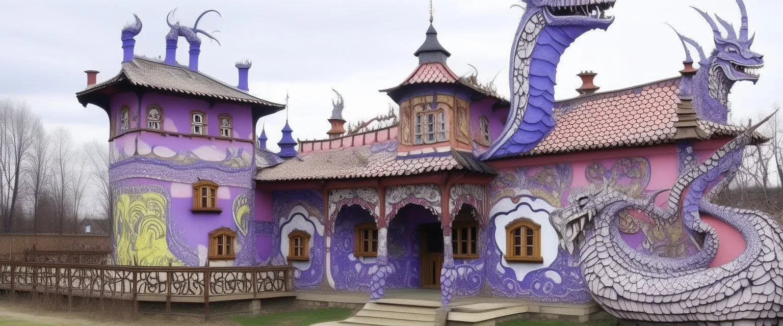 A light purple village with a dragon palace designed in Kuna molas painted by Edvard Munch