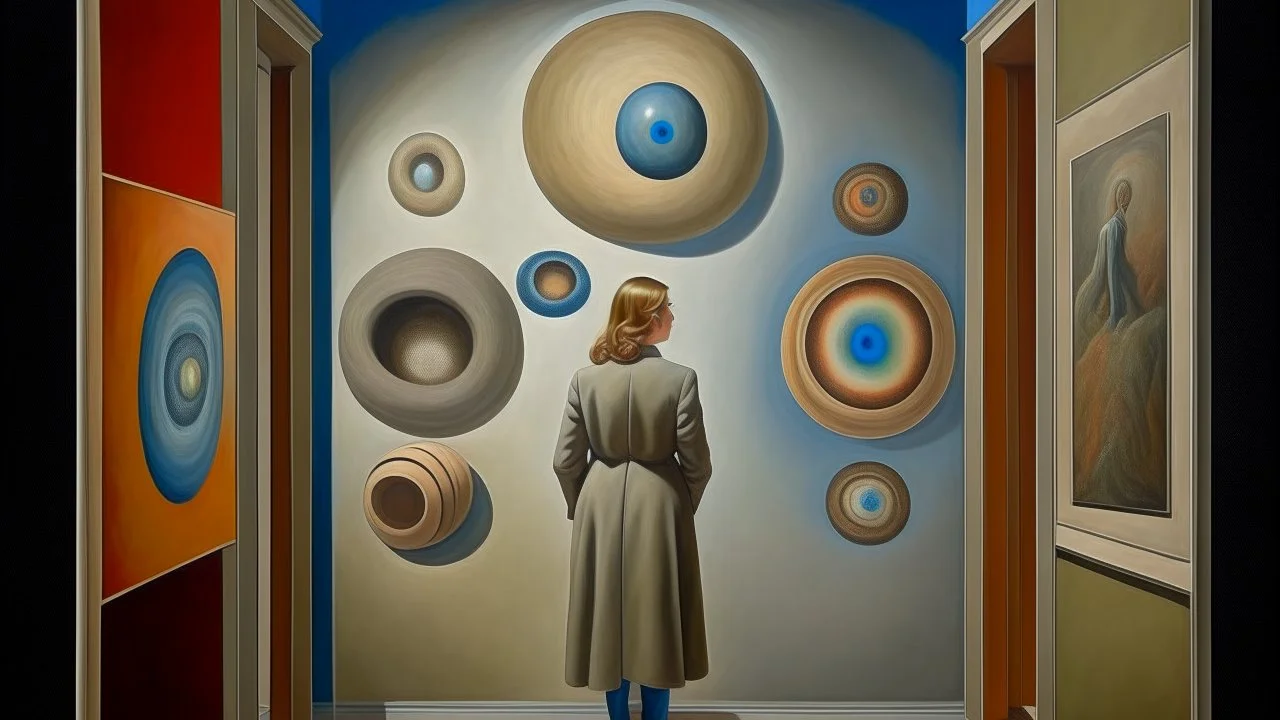 Woman in front of a wall with several circular holes of different sizes, painting by René Magritte, surrealism by Francis Bacon, Greg Rutkowski and Mark Rothko. Painting by Lucian Freud. photorealistic with a palette of a mixed media, very brutal, surreal, symmetrical