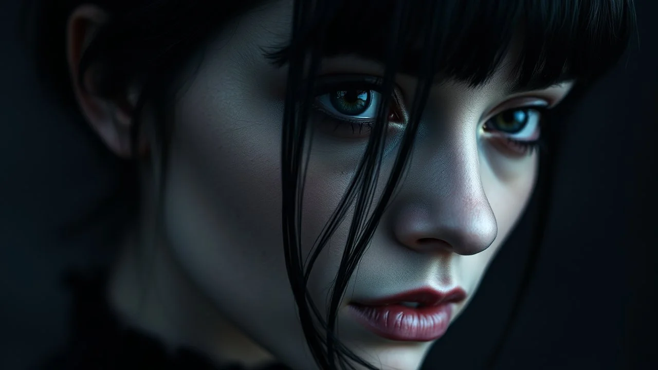 female face collage, around 28 years old, dark hair, non-model face, close-up female portrait, abstract face, surreal vibe, oblique plane, goth style, pale face, dark eyes, reflection in her eye, suggestive image, dark mode, only dark colors, black, dark purple, dark gray, silver, dark blue, blurred dark background, 16:9 size, artistic, dark night, creepy vibe, goth mood, black raven, dark colors, shadow, mystic theme