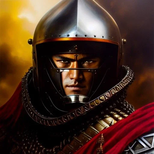 portrait 'Ganishka-Berserk',ancient metal armor and helmet ,painting by gaston bussiere, greg rutkowski, yoji shinkawa, yoshitaka amano, tsutomu nihei, donato giancola, tim hildebrandt, oil on canvas, cinematic composition, extreme detail,fit full head inside picture,16k