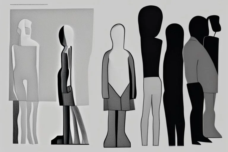 monochrome, cardboard figure on the left of the picture, stocky human figure with a head tilted to the left, almost no neck, no face or hair, schematic drawing, against a dark grey background with a symmetrical pattern, a lighter grey, almost monochrome, in moonlight, crayon drawing in shades of grey and black, ethereal, cinematic postprocessing