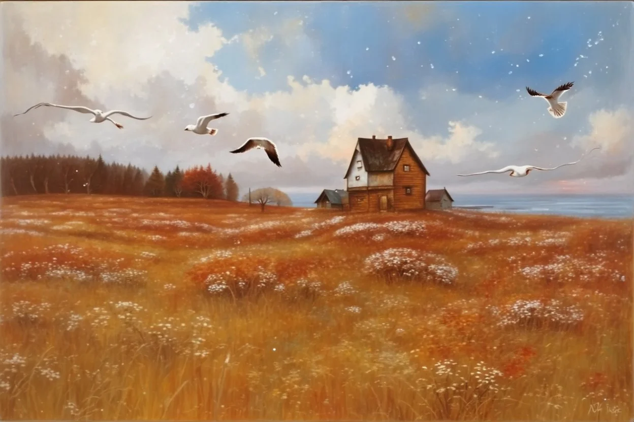 Richly textured Hieronymus Bosch, Catrin Welz-Stein, William Turner, Zdzisław Beksiński, Jacek Yerka oil on canvas zentangle line art style mix, surreal frosted fantasyland winter oceanscape, hoarfrost on trees, high grasses, snow and cottages, withered flowers, pale sunrise; paint splatter, beautiful vibrant colors, reflections, SK, flying seagulls, dramatic clouds, snowfall.