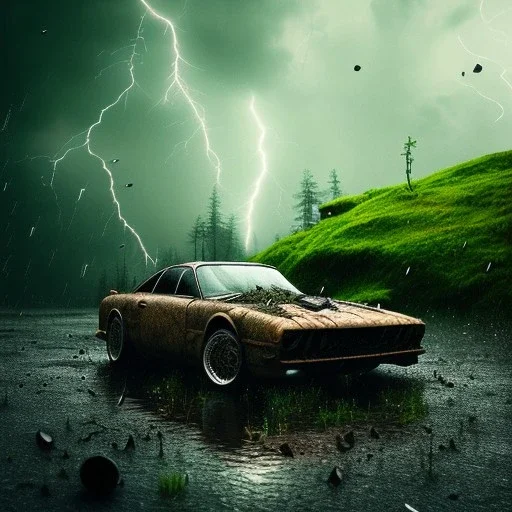 hyperrealistic shot, rusting and moss covered giant game console, earth color palette, sharp focus, puddle reflection, water splash, refraction, bats flying on the horizon, rain and lightning on the horizon, shadowcast, detailed and intricate, cinematic composition, tilt shift photography