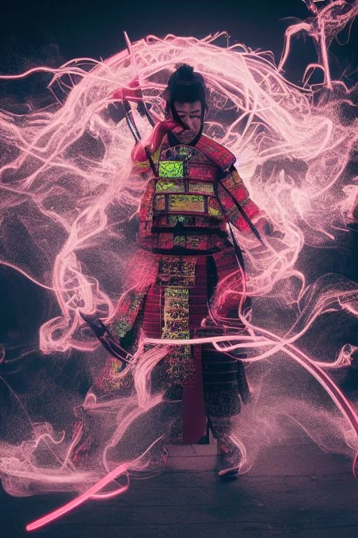 Mystical samurai emitting an aura with a long, neon sword emitting an aura