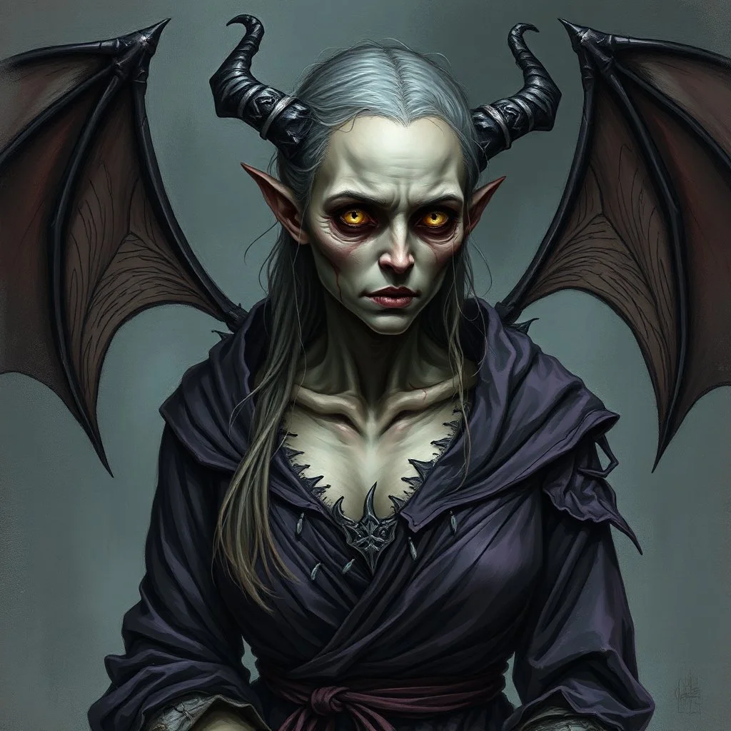 The demon witch, Lorissa Nightshade, appears—a gaunt, pale woman with hollowed out eyes and wearing tattered and torn robes. Grimdark realistic