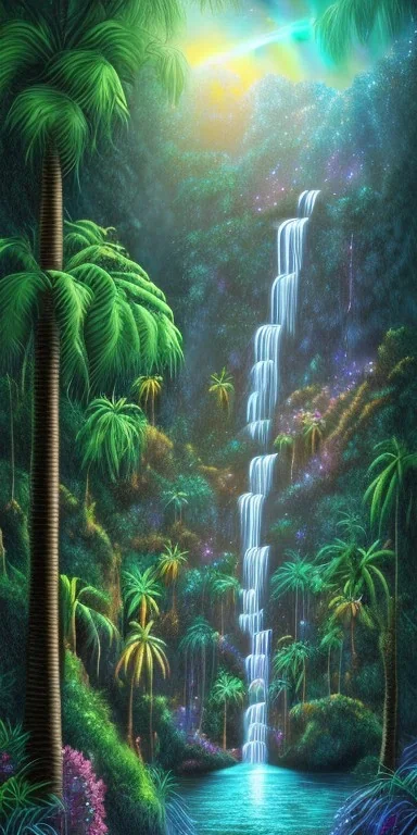 Triipy rainbow turquoise neon waterfall with palm trees sparkling at night in a cave detailed realistic glowing