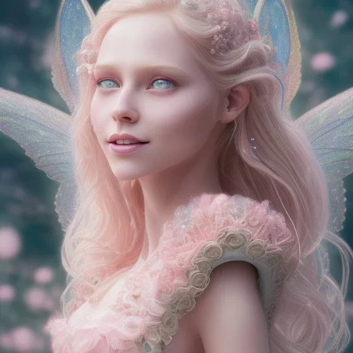 a large pink castle, a cheerful fairy in front, big smile, pink, blonde hair, beautiful, whole face, whole top hair head, wide open blue eyes, transparent wings onn the back, hyperrealism, masterpiece, expert, cinematic lighting, sharp focus, 8K, pastel, macro lens, woman, detailed, flower