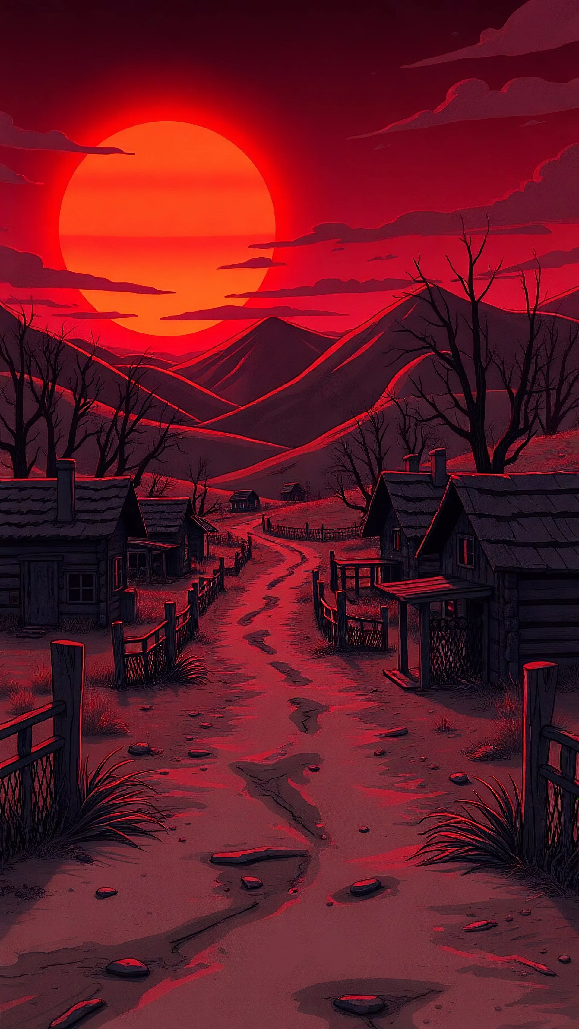 Abandoned cartoon village under blood-red sunset, broken fences, empty cabins, eerie wind bending shadows, VHS distortion, muted colors with neon accents, 9:16