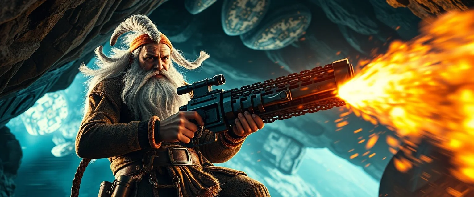 movie poster, portrait interview cowboy Albino Dwarf Spirit climbing outside space ship in cave holding huge mounted chain gun, motion blur, smoke and steam flashlights, flame squid whip, splashing mega high explosion,