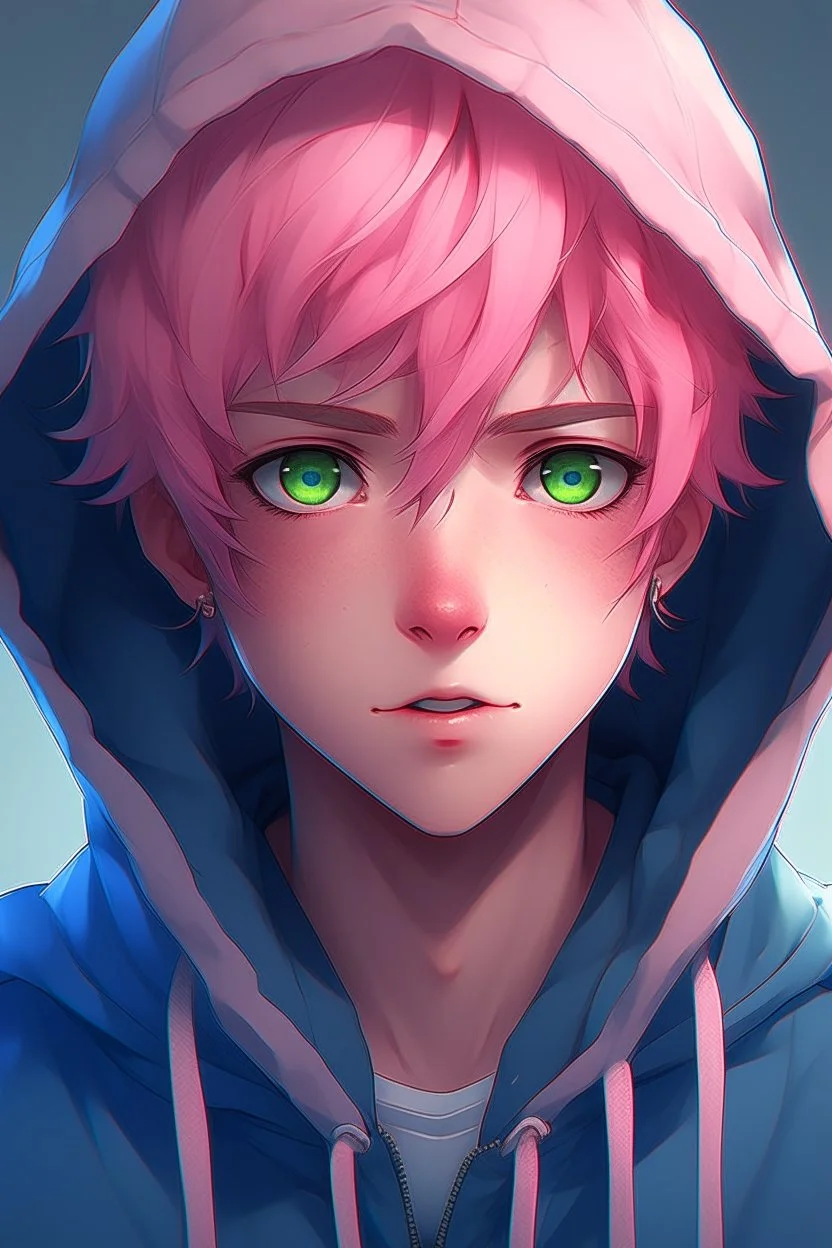 An anime man with messy short pink hair and narrow blue eyes wearing a hooded jacket Realistic.