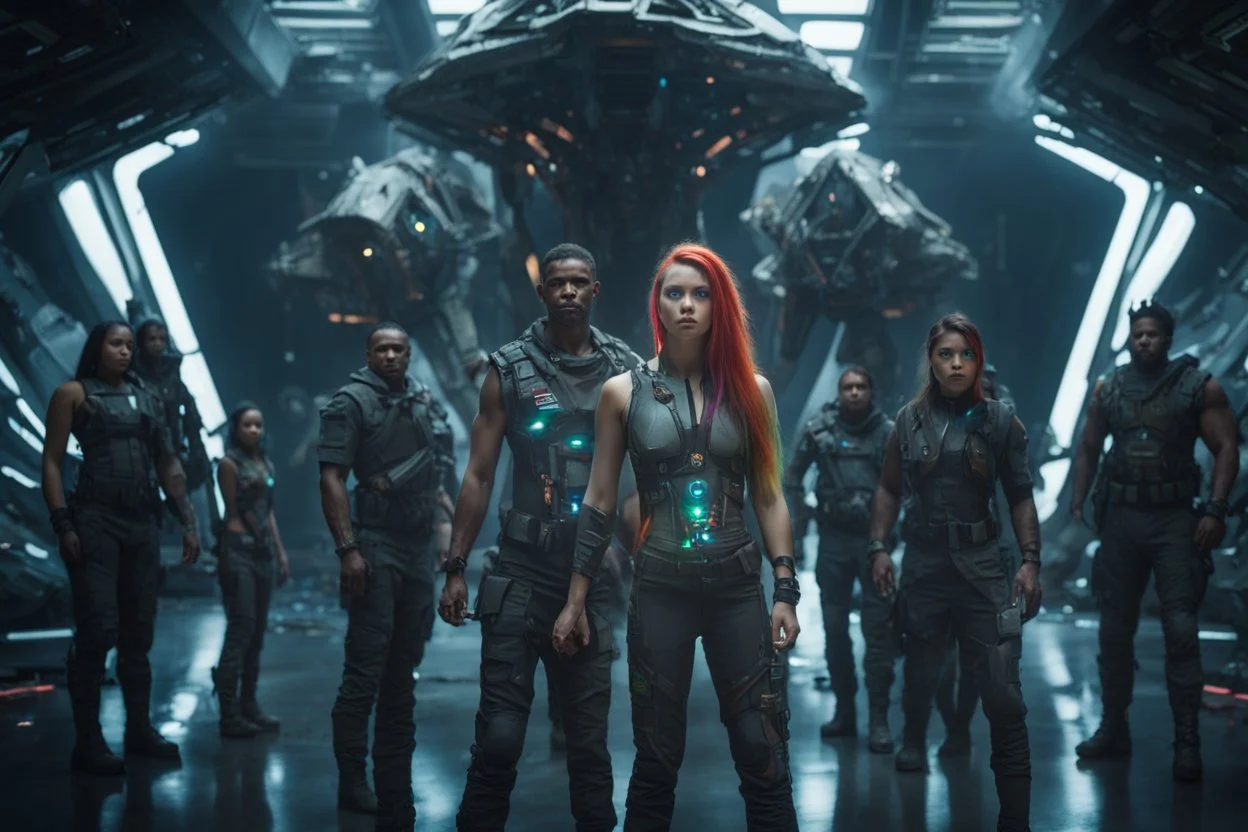 Beautiful girl with rainbow eyes, rain-forest warrior, strong, resilient, defiant, full body, with family of 5 beside her, defending, Masterpiece, best quality, cinematic lighting, futuristic, standing in front of crashed spaceship, tough stance.