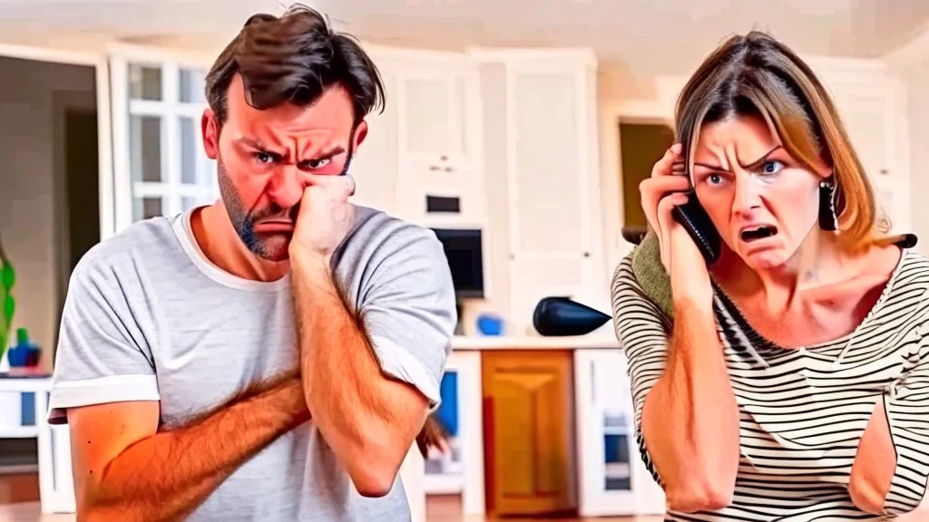 man at home angry on phone a lady stands behind him