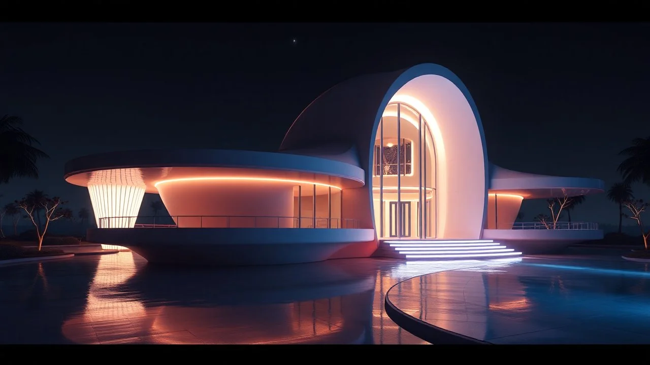 mysterious retrofuturistic house, designed by santiago calatrava and zaha hadid industrial design by oscar niemeyer, in the style of frank lloyd wright, octane render, raytraced, 4k, glowing lights, ray tracing, volumetric, vivid color, unreal engine, trending on