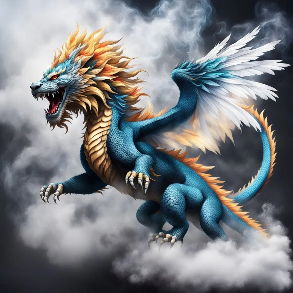 a sturdy colorful winged lion-like asian dragon with curly white fur, smokey breath and fire, claws, spikes along back, a long tail, moving forward out of the smoke and mist, webbed wings, attacking