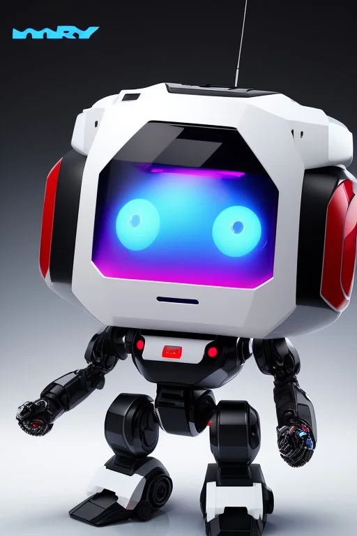 cute minimalistic robot with a big head, digital face, oval body, head and body together, white skin, no legs, no feet, integrated painter arm, 3/4 angle, awesome pose, white background