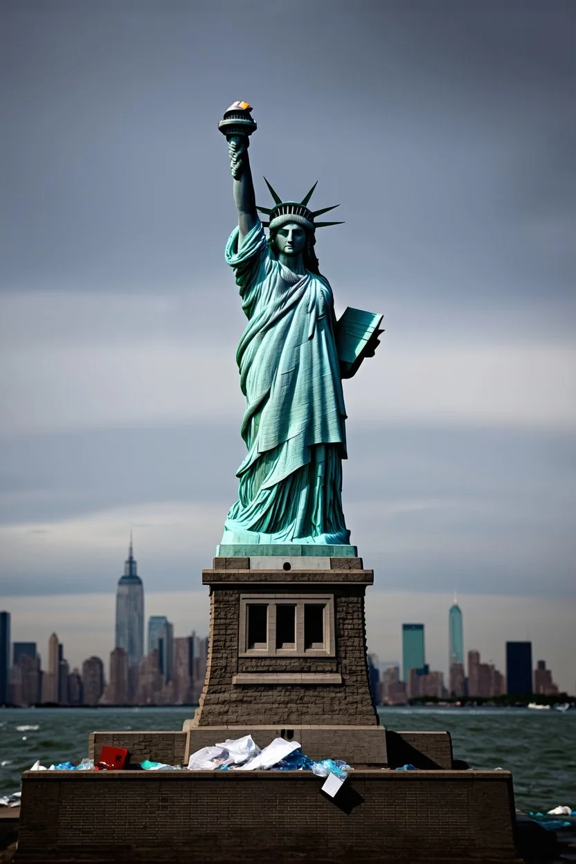 the statue of liberty, dress tattered an torn, her face solemn and terse, trash littered at her feet, the skyline dark and grungy
