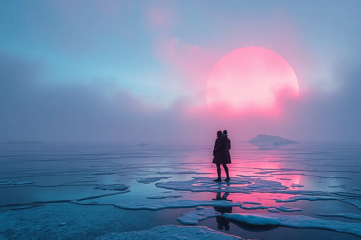 splash screen, alien landscape with a couple , iced lake, fog, cold colors, metallic tones, scifi style, fade colors, utopistic vibe