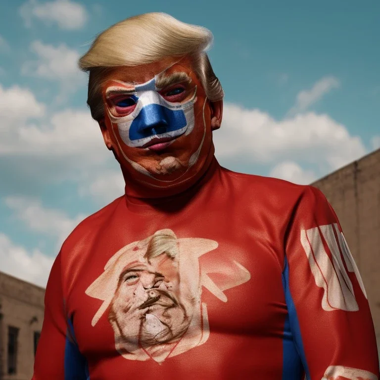 realistic image of donald trump as a mexican wrestling fighter posing outdoors, Mexican eyes wrestling mask, red and blue breeches, suspenders, retro style, 80s, vibrant color, highly detailed, sky background, concept art, unreal engine 5, god rays, ray tracing, RTX, lumen lighting, ultra detail, volumetric lighting, 3d, finely drawn, high definition, high resolution.