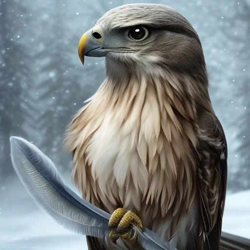 portrait of a bird of prey, feathers, extremely sharp detail, finely tuned detail, ultra high definition, 8k resolution, dynamic lighting, unreal engine 5, ultra sharp focus, winter landscape, background trees