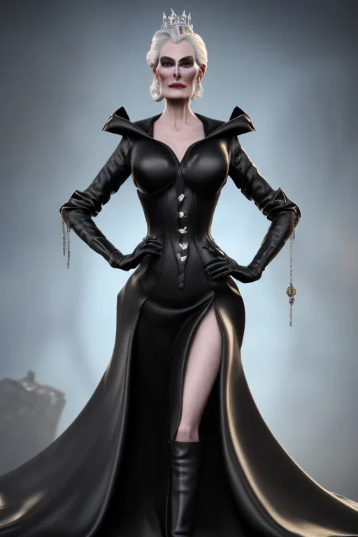 Carmen Dell`orifice as evil queen in black leather gown, angry, busty, curvey, cleavage, unreal 5, octane render,cinema4d, dynamic lighting, dramatic lighting, 4k, redshift render, highly detailed, hyper realistic