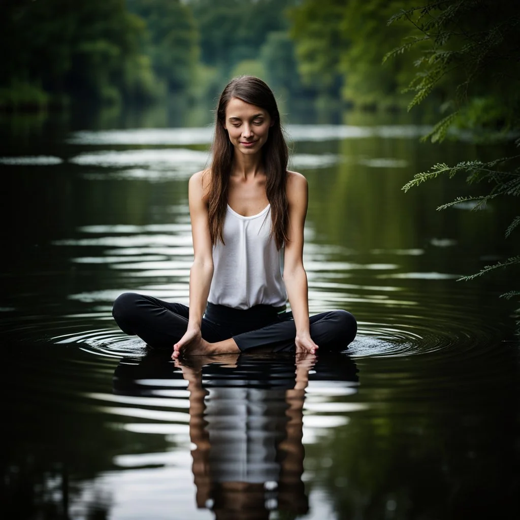 photography of a beautiful and happy anorexic woman, standing in lake water, eyes closed, meditation, white top, yoga flyer, brunette short wavy bob haircut, serenity, misty, relaxing image