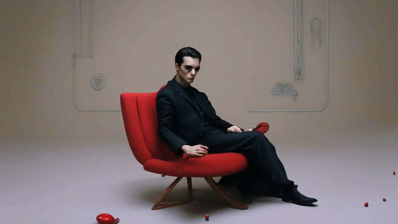 matrix, neo sitting on red old skinny chair, chooses red or blue pill, planets around