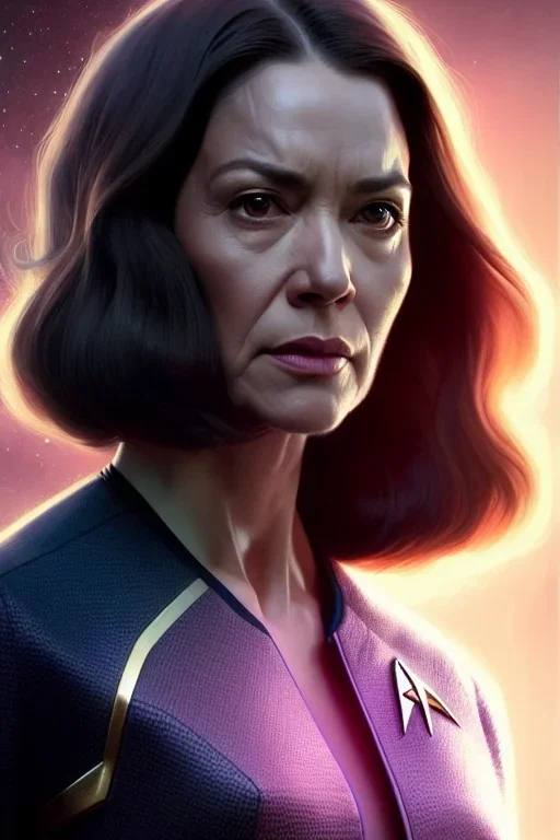 hiper realista, hiper detalhado, retrato de corpo inteiro, no estilo star trek, de uma mulher incrivelmente bonita, cabelos longos , arte de greg rutkowski, artgerm, wlop, rossdraws, boris vallejo