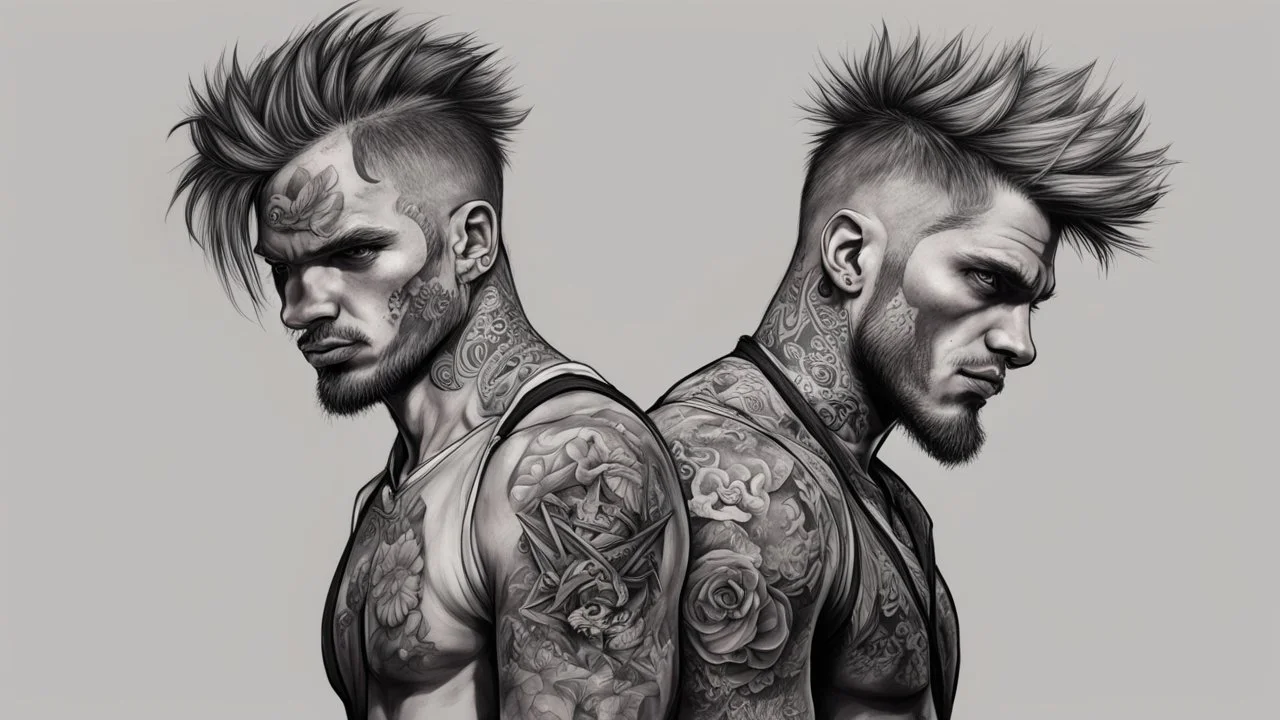 drawing, male hooligan punk, tattoo, high resolution, Artstation trends, fine details, 8K