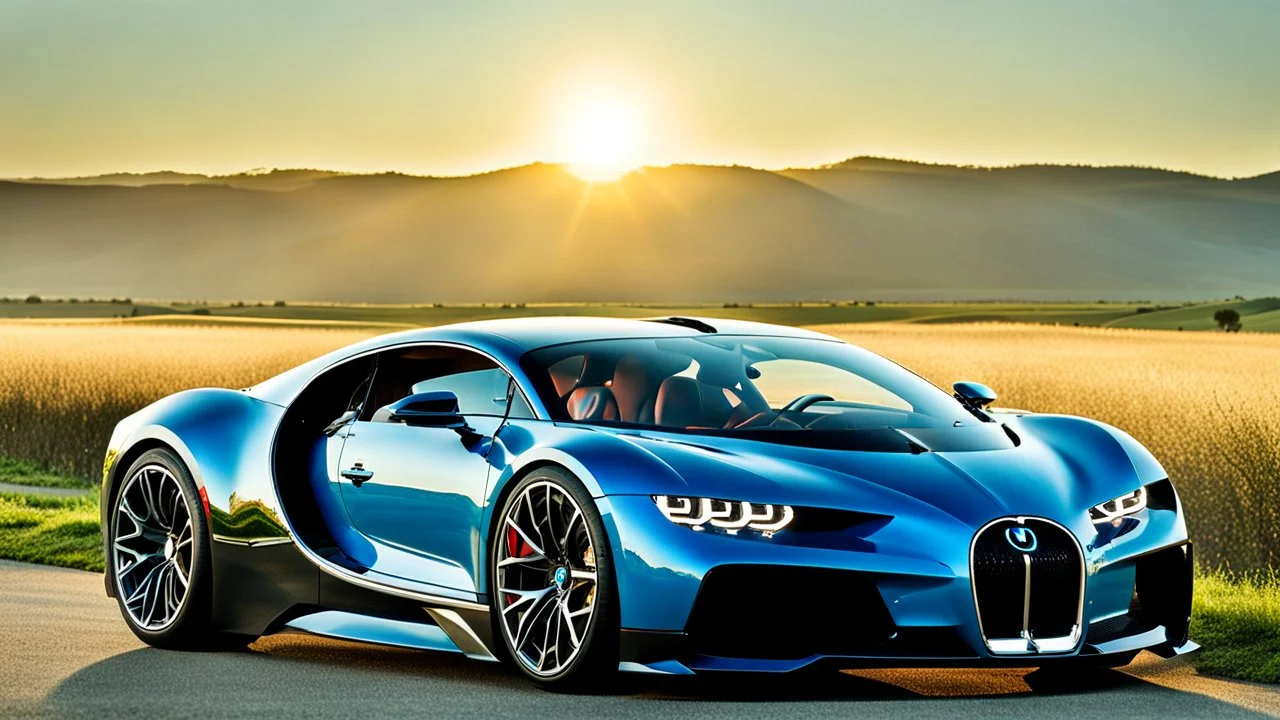 A sleek (((a fusion of bmw and bugatti chiron))), its glossy shell reflecting the (((bright sun))), cutting through a (((clear bright blue morning sky)))